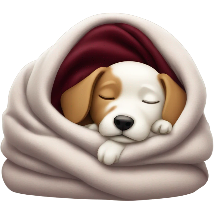Cute white dog sleeping in a burgundy blanket emoji