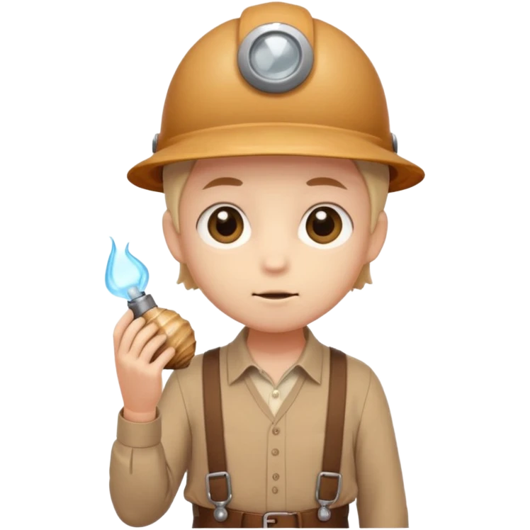 Shelly has a small, chibi-style body with a large ammonite-shaped head that looks like a beige fossil shell. One side of her head has a dark opening, making it clear she isn’t human. Her face is simple and soft, with big round eyes. She wears a brown suspender outfit over a lighter shirt emoji