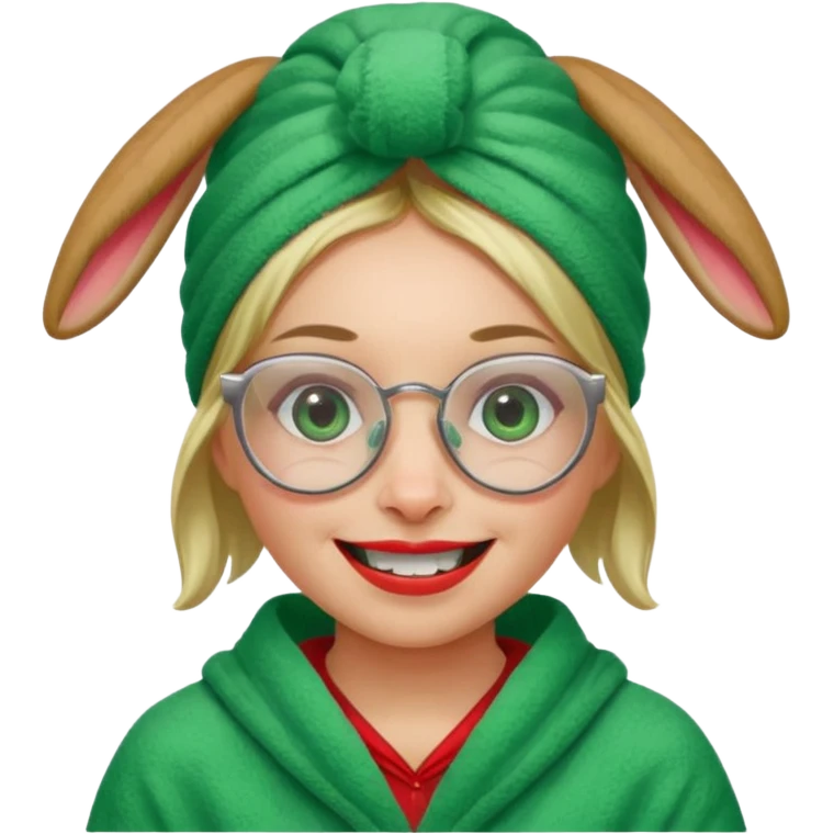 A woman who has a big rabbit-like front teeth wearing a green towel in her head with a broken glasses on her face in red pajamas emoji