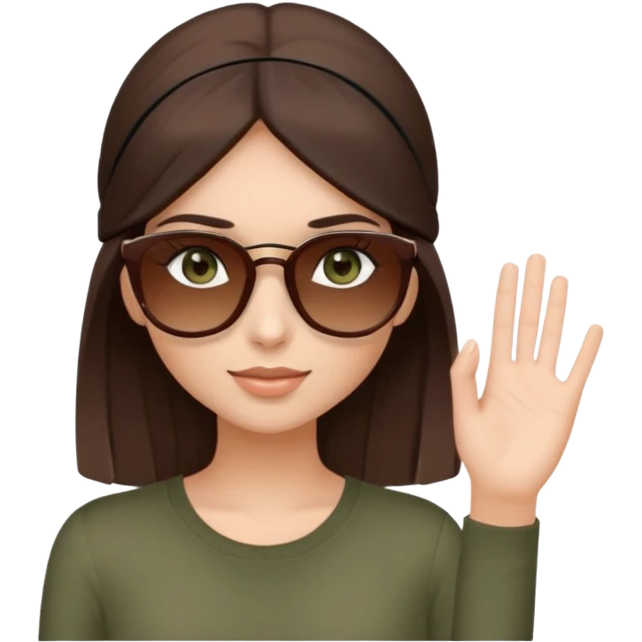 pretty girl, she has dark brown hair, long and straight, grayish green eyes, and long eyelashes, she’s wearing brown top, and wearing brown sunglasses on her head and holding them with her hand  emoji