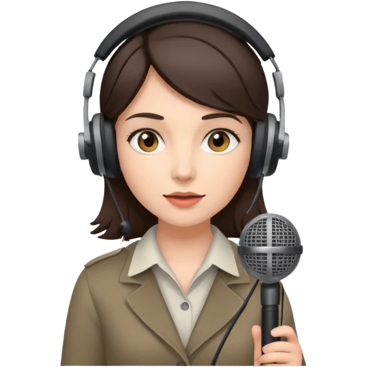 brunette girl interested in journalism, on-air reporting, silent film and sports emoji