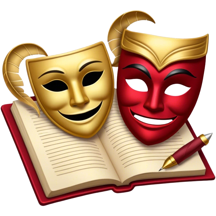 Create a bold and dramatic emoji representing the art of playwriting. The design should feature an open script or a theater playbook, with stylized text lines or dramatic dialogue inside. Include elements like a theatrical comedy and tragedy masks, a stage spotlight, or a quill to symbolize creativity and performance. Use deep, contrasting colors like red, black, and gold to evoke the intensity and passion of drama. The overall design should feel dramatic, inspiring, and artistic. Make the background transparent. emoji