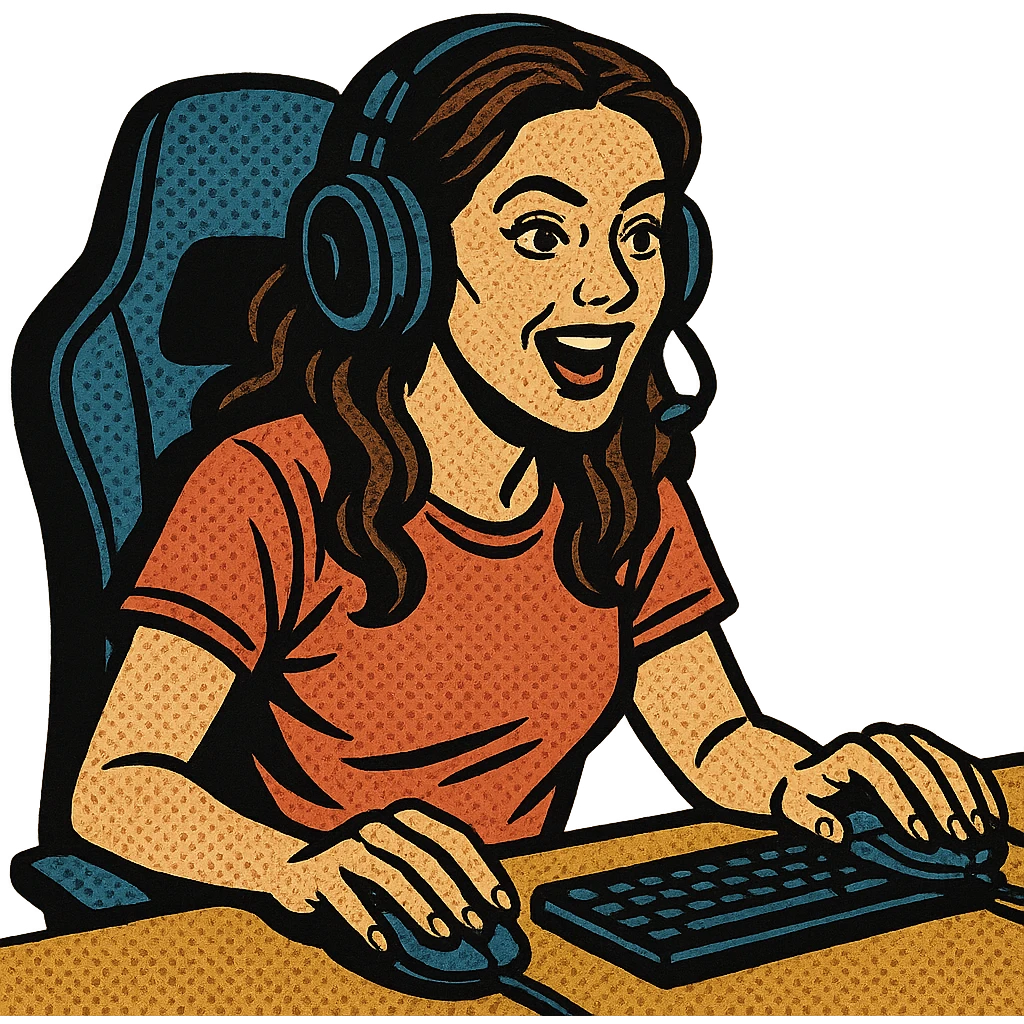 female streamer with headphones and a gaming chair, old school comic book style emoji