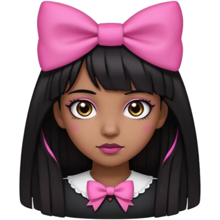brown skin, straight hair with the ends curved upwards, bangs above the eyebrow, dark brown eyes, girl, half gothic and pink style   emoji