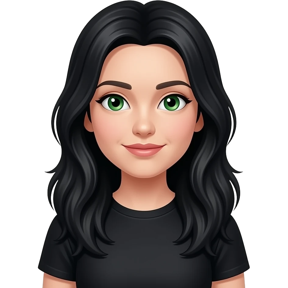 long black hair green eyes wearing black T-shirt, white face emoji