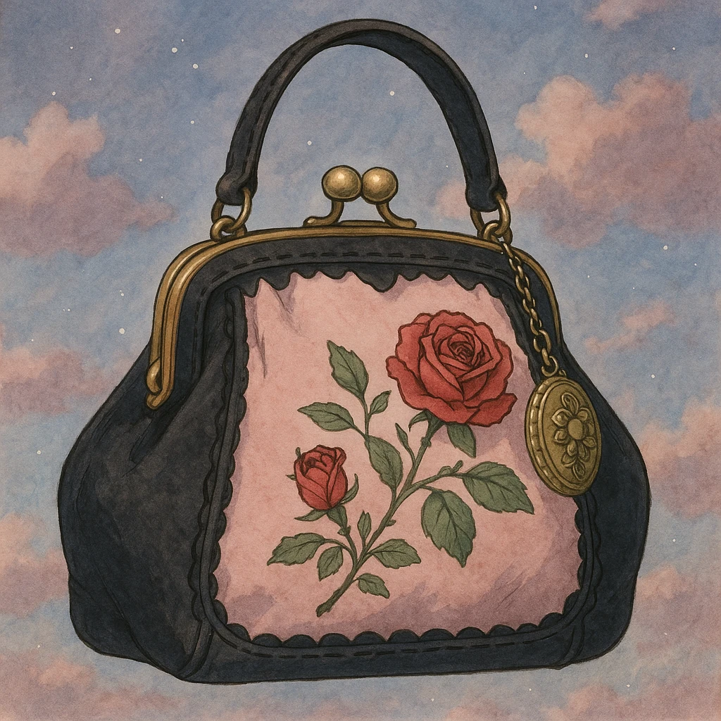 pink and black gothic purse, rose embroidery, vintage charm, dreamy atmosphere emoji