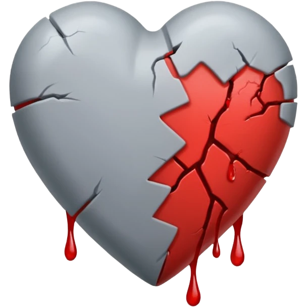 Un corazón roto de color gris con grietas  sangrando y expulsando sangre rodeado de vendas y tiritas que se despegan sin hacer efecto emoji