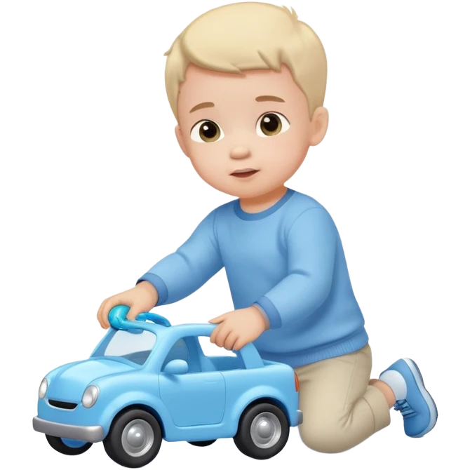 cute toddler boy with pastel blue clothes playing with a blue toy car emoji