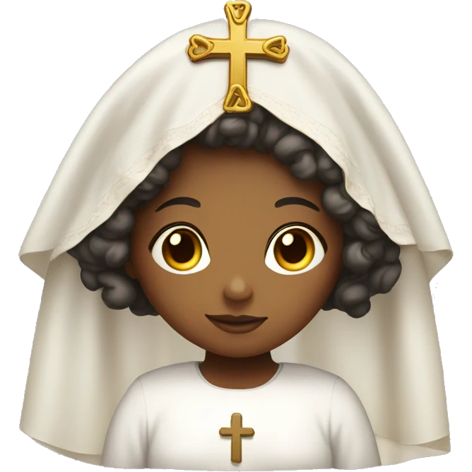 Catholic girl with curly hair and veil over her hair, a cross in the cheast  emoji
