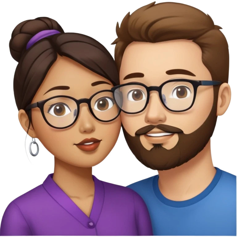 Asian American woman without glasses kissing a white guy with brown hair and the white guy has beard stubble and white guy has glasses and Asian American woman does not have glasses emoji