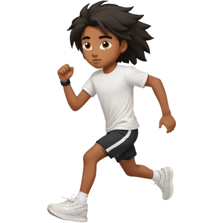 generate a pretty bratz brown skinned boy with black messy long hair wearing a white tshirt and black running shorts. running on the street with white sneakers emoji