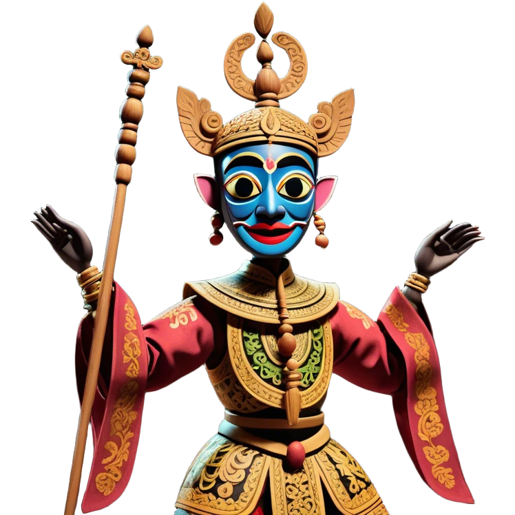 Golek Ayun-ayun – Cinematic Realistic Wayang Golek Ayun-ayun, depicted as an intricately carved traditional wooden puppet with vibrant painted details and expressive features, set on a dimly lit stage with dramatic shadows that evoke centuries of Indonesian theatrical heritage, rendered with lifelike textures and subtle ambient glow. emoji