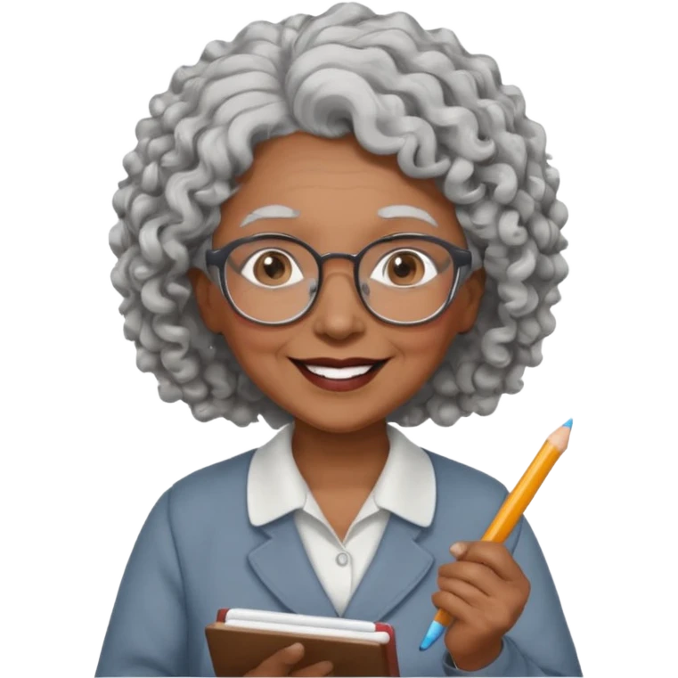 old woman teacher, brown skin, curly grey white hai, wearing glasses, hold chalk on hand emoji