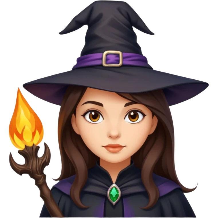 European girl, beautiful brunette, witch emoji