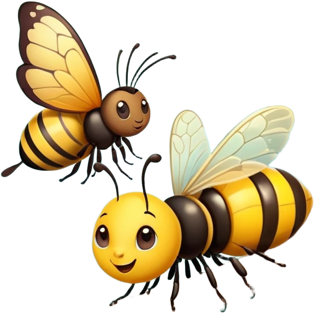 butterfly and bee sitting on a tree branch in a forest, cute and friendly emoji
