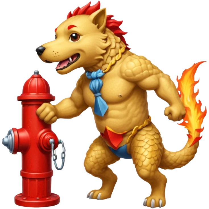 A rock creature gets into a fight with a fish that has grown human legs and arms while they are fighting. A dog stands with a fire hydrant. emoji
