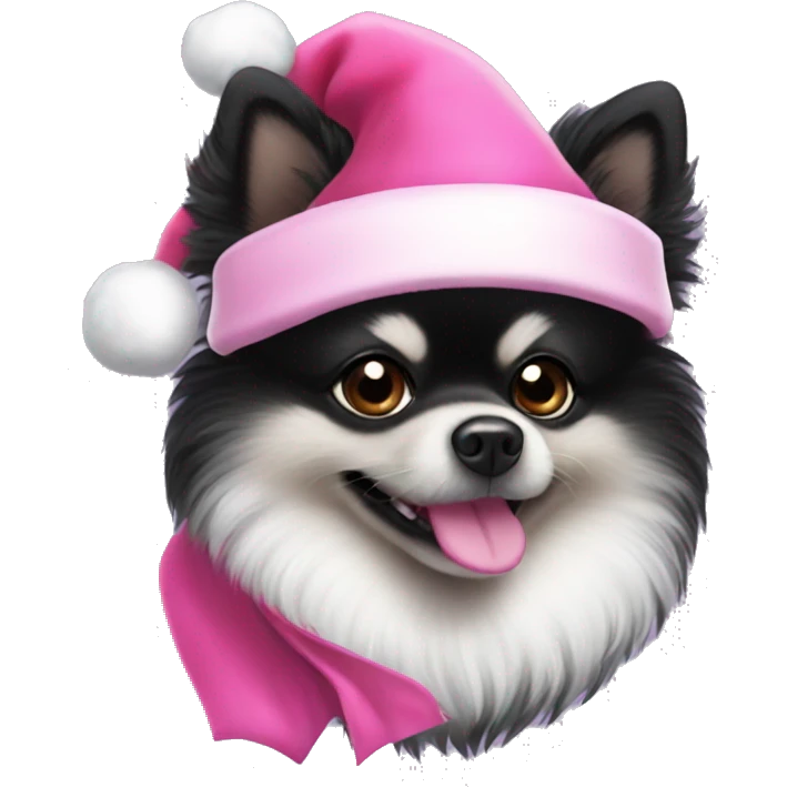 Black Pomeranian with white snout wearing a pink Santa hat emoji