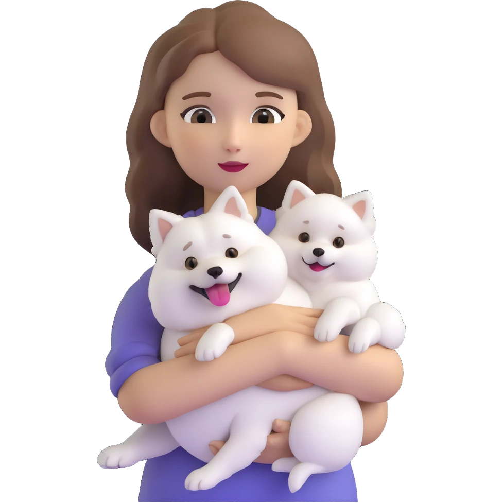 light brown hair girl with pale skin holding a Japanese spitz dog emoji