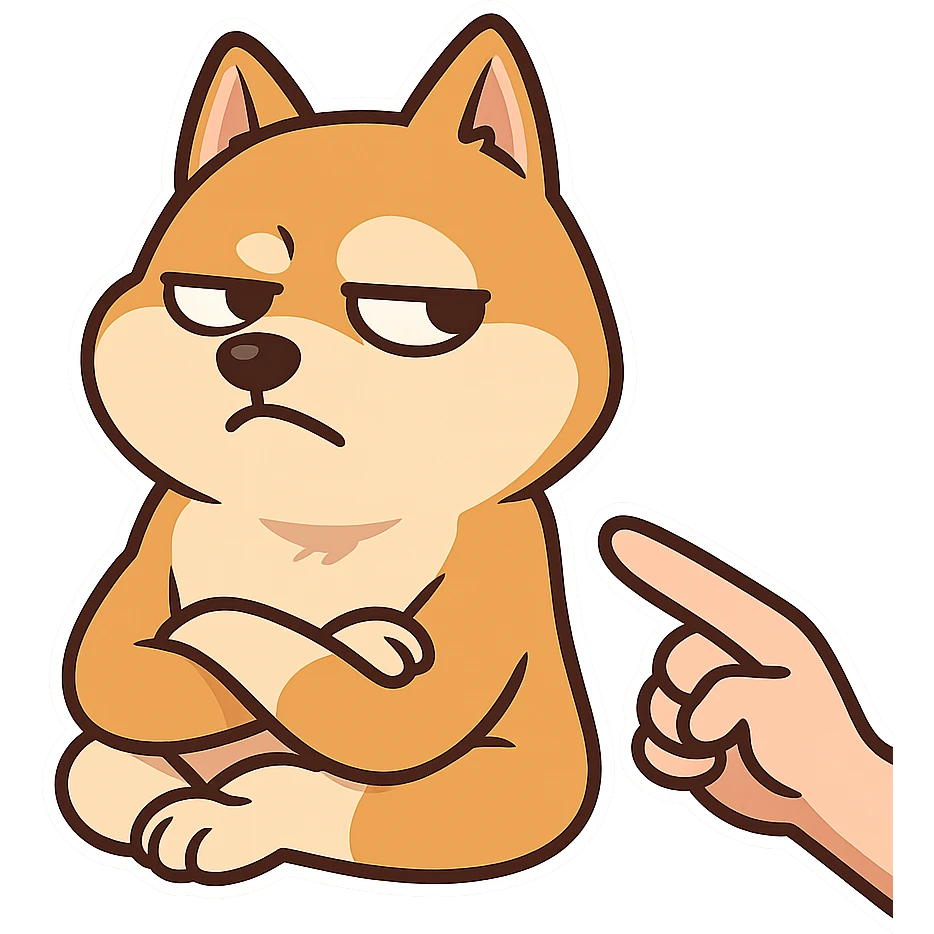 One hand points to the Shiba Inu, the Shiba Inu crosses his hands and turns his head away, but his expression is full of smugness and disdain. emoji