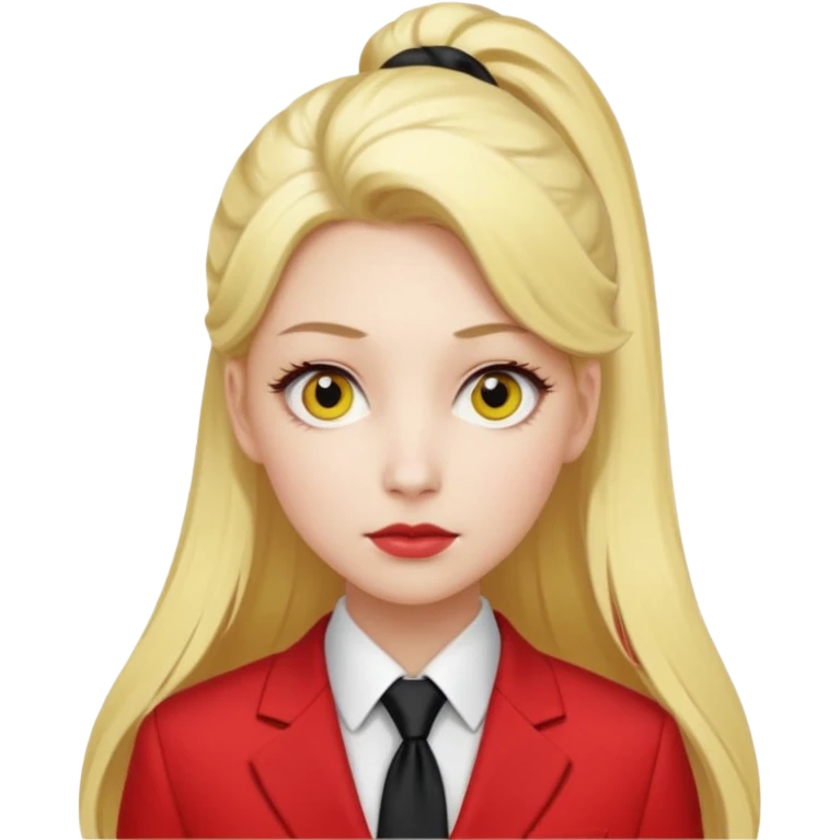 Woman with porcelain white skin, thick blonde hair that's in a thick, long ponytail, has a black tipped nose, yellow scleras, red pupils, and a red suit with a black tie. emoji