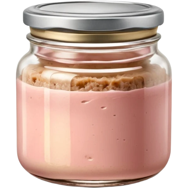 small glass jar filled with coarse beige to light pink pâté, smooth slightly uneven surface, metal lid, visible layers of texture through transparent glass, fine fat cap on top, no label, no garnish, no bread, sealed jar, soft lighting, subtle shadows, emoji scale emoji