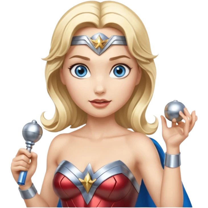 Blonde blue eyes Wonder Woman holding bell and short, skinny white baton emoji