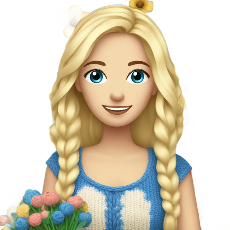 beautiful finnish blonde woman with blue eyes knitting flowers emoji