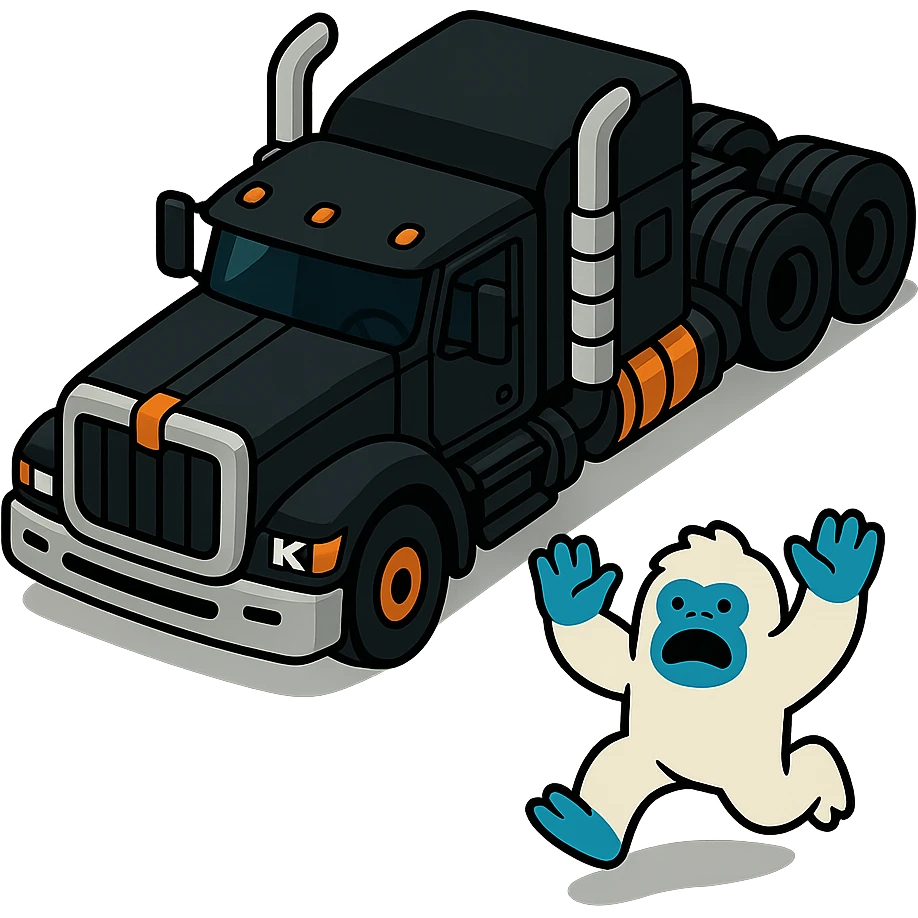 Remove the background, keep only the black 2026 Kenworth W680 flat top semi sleeper and the small abominable snowman, top-down vibrant toon style, no text. emoji