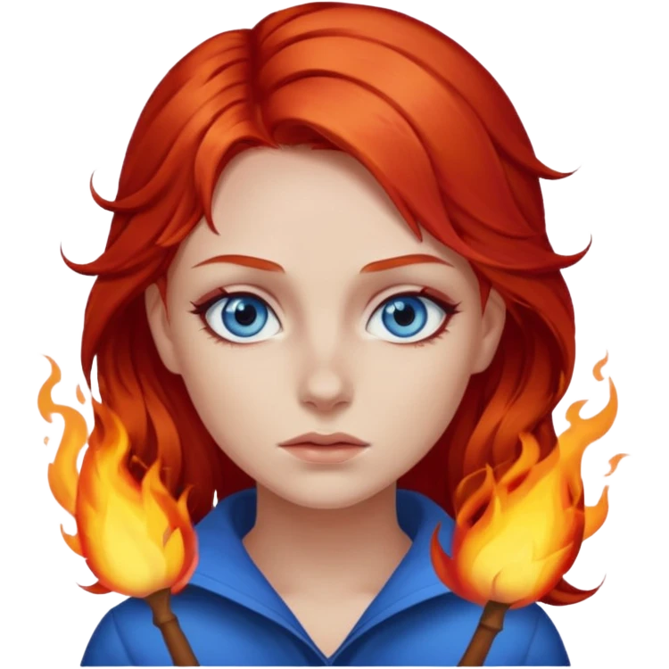 A girl with flaming red hair and intense blue eyes. Delicate dark circles under her eyes give her a slightly tired look, and her smile belies any fatigue. emoji