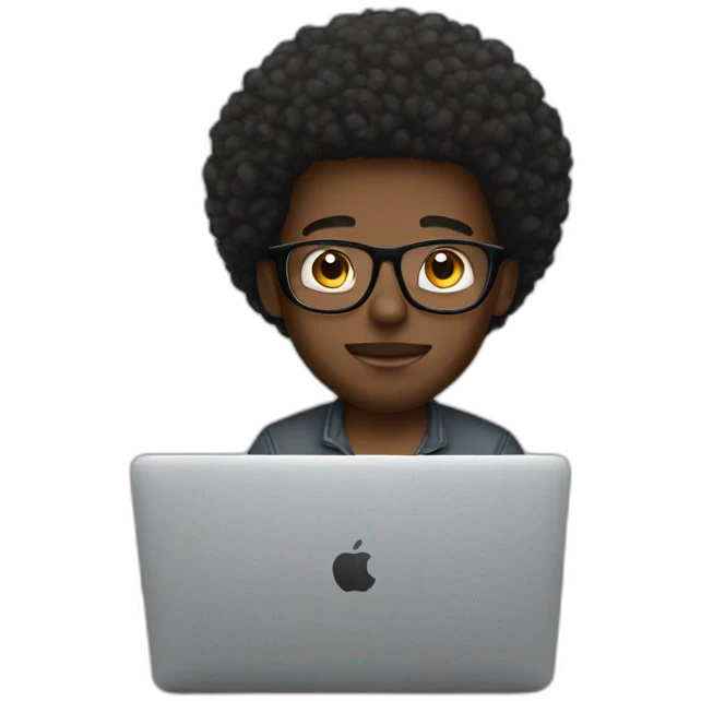 cute black man with short beard, afro, glasses, using macbook emoji
