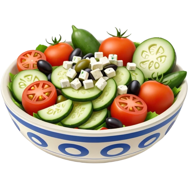 mediterranean salad bowl object icon, tomatoes, cucumbers, olives, feta cheese, olive oil dressing, 3D cartoon, mobile game icon style, clean background, no text, no watermark
 emoji