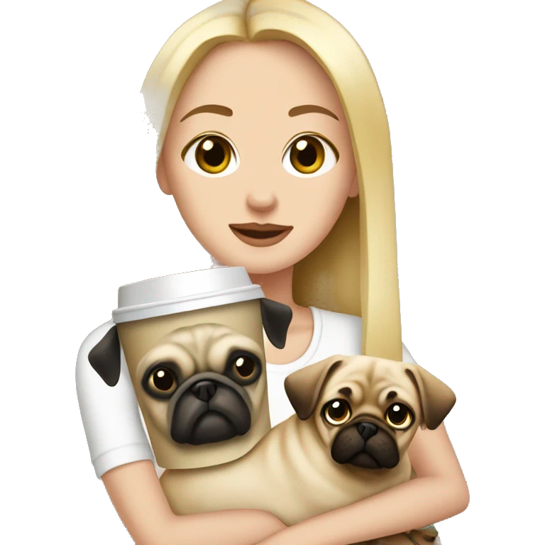 Blonde girl holding a pug and Starbucks emoji