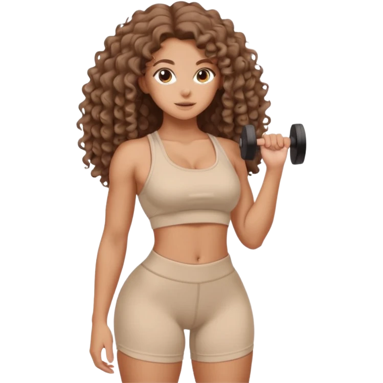 Create dream body girl with big glute and small waist and brown flat no volume curly long hair with pastel beige gym clothes  emoji