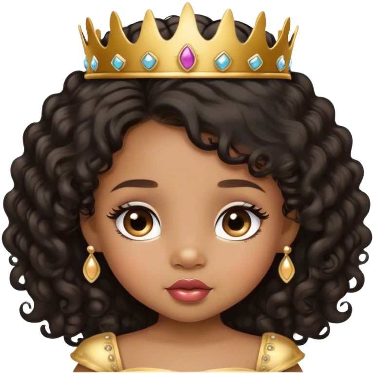 princess, medium brown skin tone, very adorable toddler, with big plump lips, long long lashes, black curly long hair, brown eyes, gold tiara emoji
