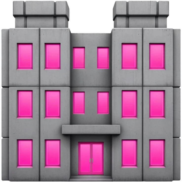 brutalist gray concrete block building with two neon pink windows and many normal windows emoji