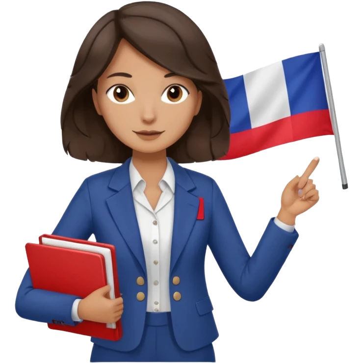 wavy dark brown hair, no glasses, fox dark eyes, with a little file in the hand, being a teacher with a board in the background with a french flag, emoji