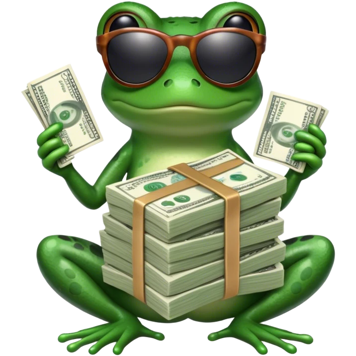 A frog holding a stack of cash with sunglasses on in a roles Royce  emoji