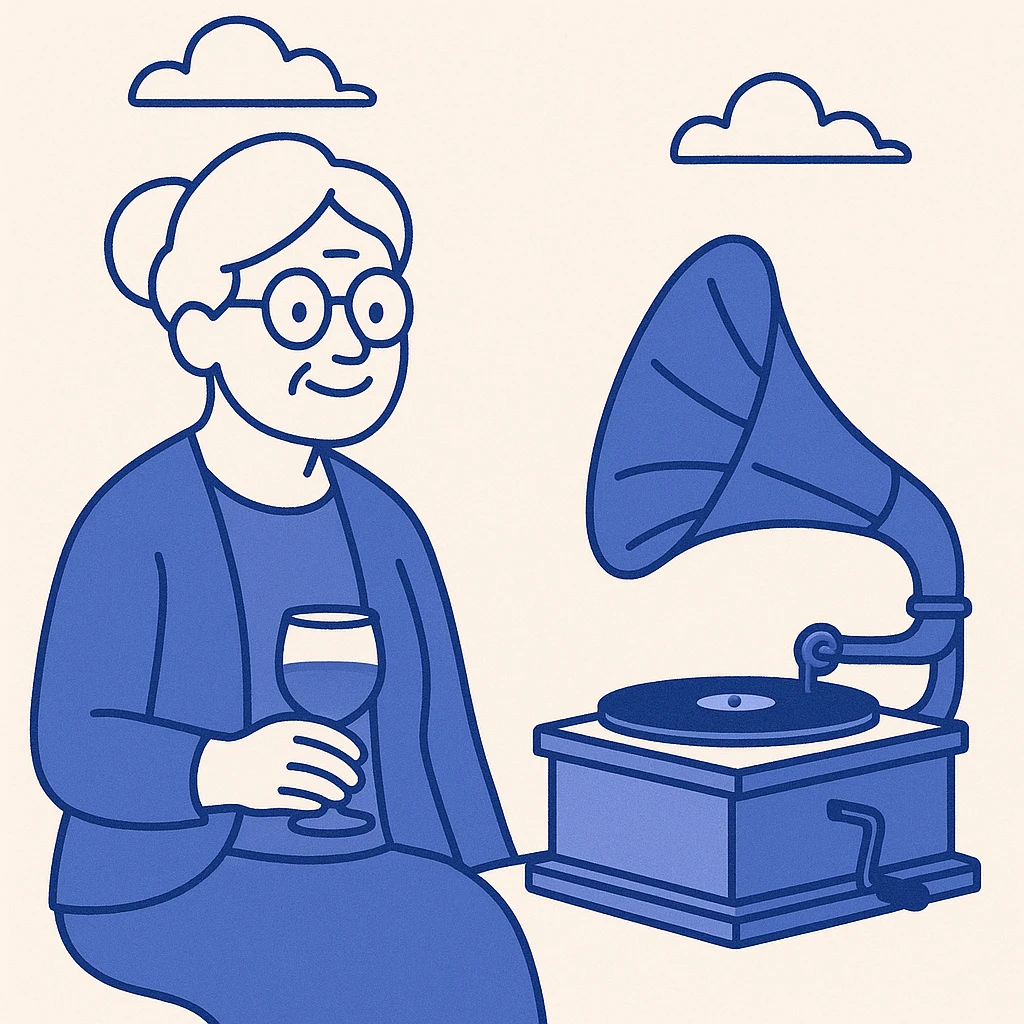 old lady with wineglass listening to gramophone emoji