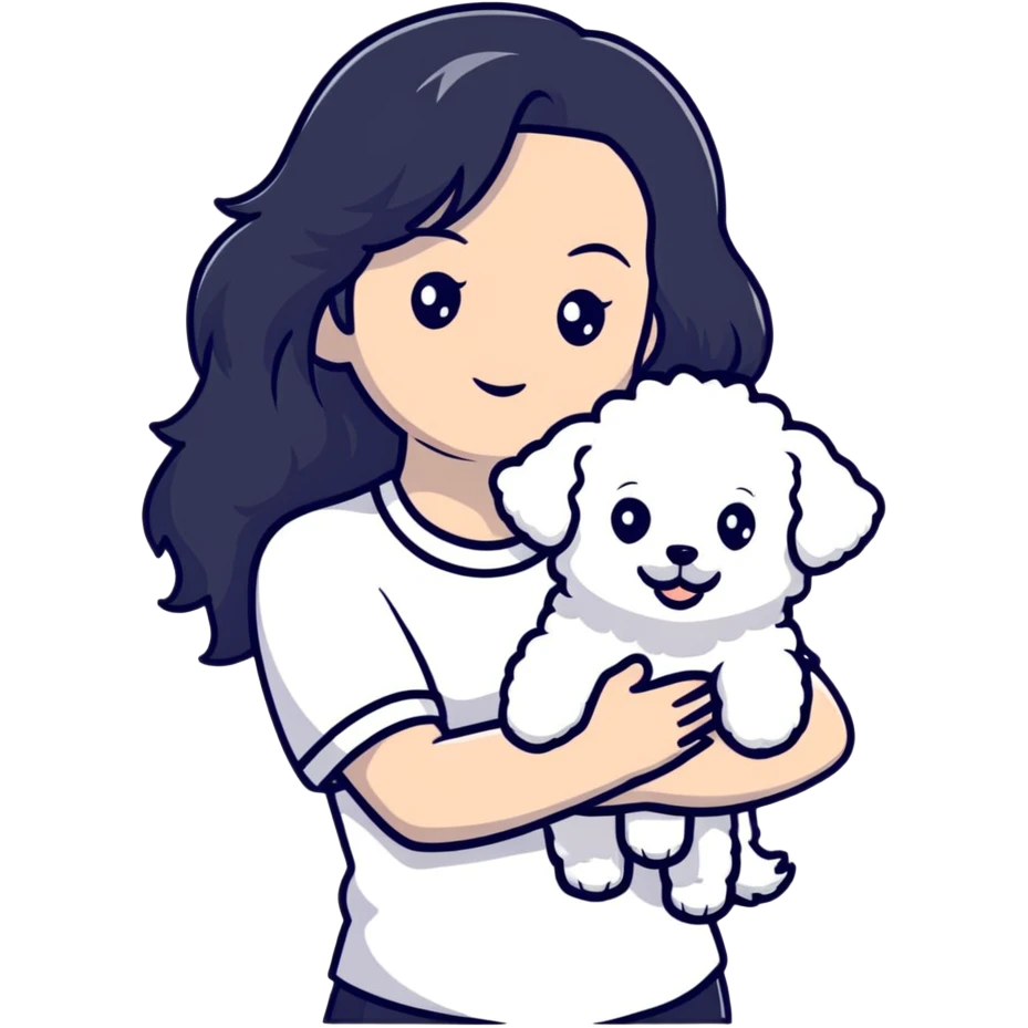 woman with long black hair holding white fluffy Bichon Frise dog emoji
