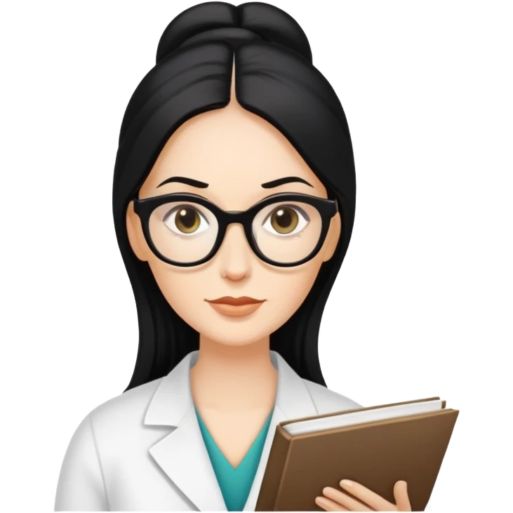 Mujer blanca, cabello negro largo, con lentes negros de lectura , ojos pequeños , nutrióloga  emoji