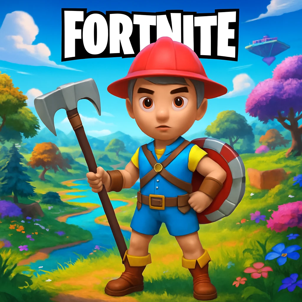 Add a vibrant Fortnite game background behind John Pork, keeping the Fortnite theme and colors. The style should reflect the colorful, dynamic, and playful atmosphere typical of Fortnite landscapes. emoji