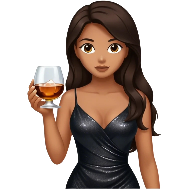 Beautiful woman in 1950’s woman fashion look, black shimmery dress, long dark brown hair, whisky with ice emoji
