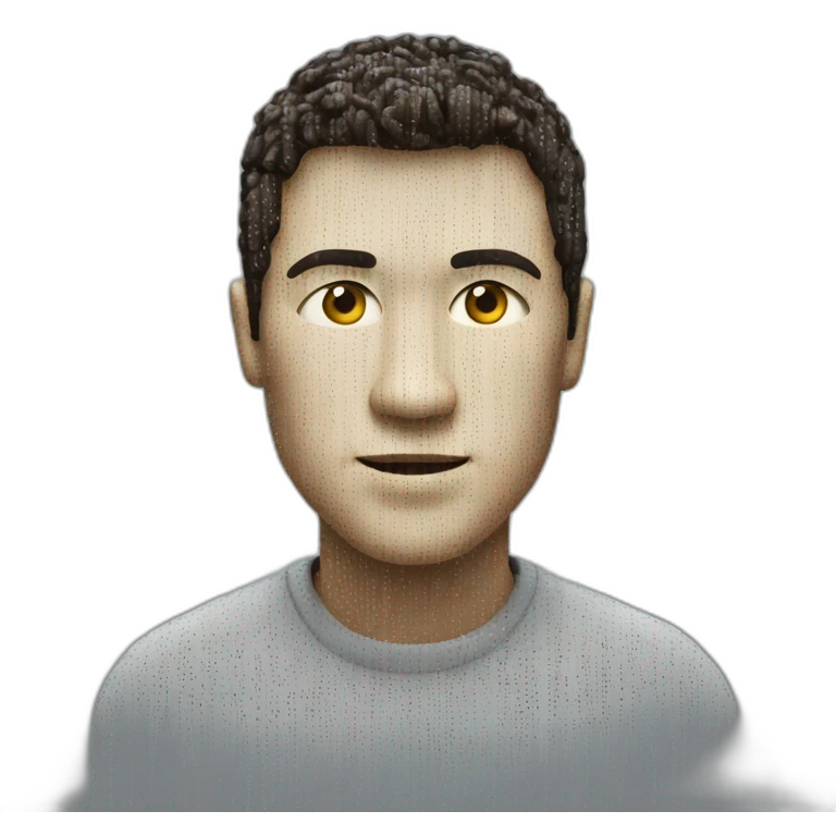A man made of half computer code and half human emoji