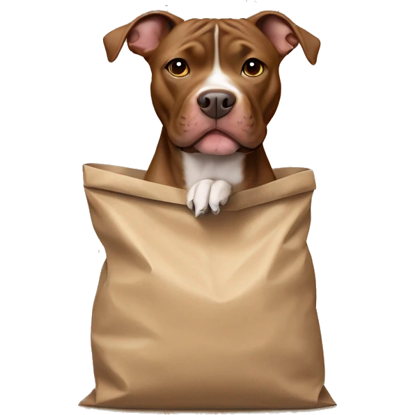 brown pit bull with a beige bow on his neck, sticks his head out of the bag emoji
