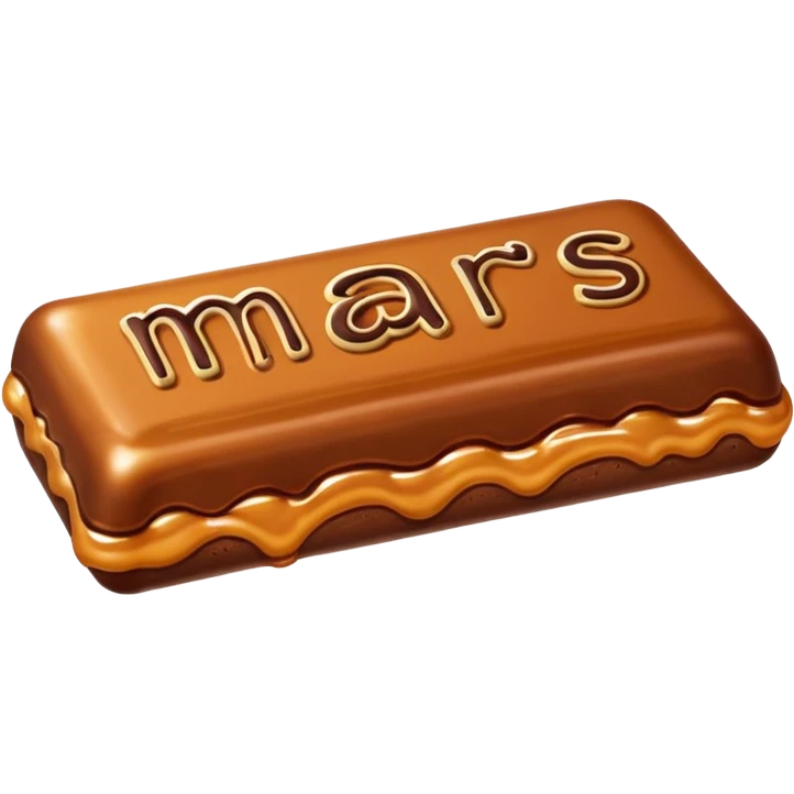Create a cartoon-style Mars bar with gooey caramel stretching playfully. emoji