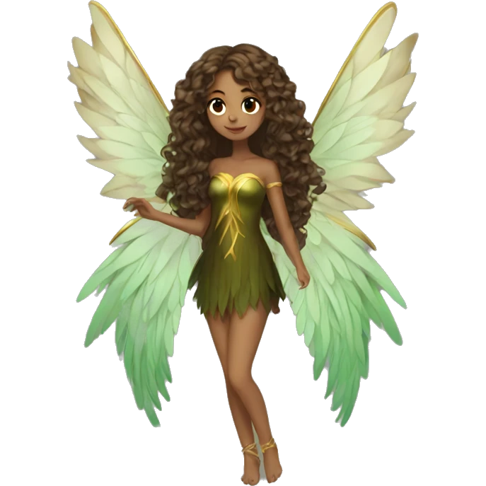 big wings, Beautiful, fairy, gold, brown, dark green, green, long hair emoji