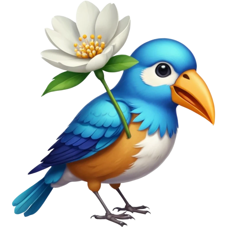 A bird carrying a white flower on its mouse  emoji