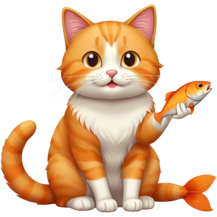cat full body sitting eating a fish playful expression emoji