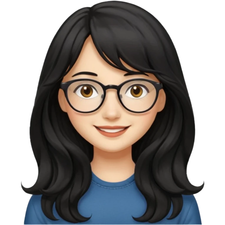 Please generate a portrait of a pretty girl with long, wavy, black hair. She's smiling. She also wears a middle parting and bangs. with glasses emoji