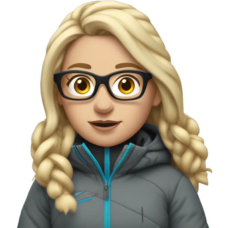 slightly chubby female skier with long blonde hair, glasses, grey snow jacket, black pants and black skis. no poles emoji